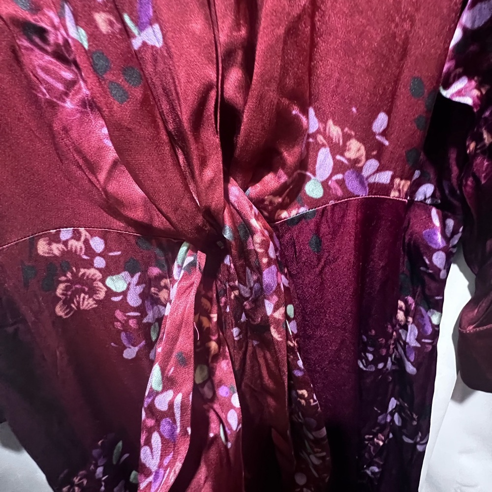 Vince Silk Floral Tie Waist Shirt Dress Burgundy Long Sleeve NWT 1X - Picture 6 of 10